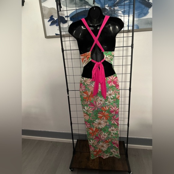 Green Floral Cut Out Pink Self Tie Back Closure Midi Dress - Picture 13 of 17